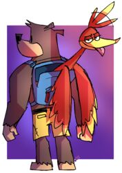  2021 alpha_channel anthro avian backpack banjo-kazooie banjo_(banjo-kazooie) beak bear bird bottomwear breegull brown_body brown_fur clothing duo feathers female feral fur green_eyes head_tuft hi_res judging kazooie male mammal pants potoobrigham purple_background rareware red_body red_feathers simple_background simple_eyes teasing teasing_viewer tongue tongue_out tuft yellow_body yellow_bottomwear yellow_clothing yellow_feathers yellow_pants 