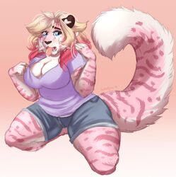  anthro big_breasts bodily_fluids breasts breath cleavage clothed clothing clothing_pull digital_media_(artwork) felid female hair hi_res mammal marzipan_(spottedtigress) pantherine panting shaded shirt shirt_pull solo sweat thick_thighs tiger tiggybloom topwear topwear_pull 