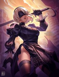  2b_(nier:automata) alina_l apocalypse blindfold breasts city cityscape cleavage cleavage_cutout clothing_cutout commission dress female gloves highres holding holding_sword holding_weapon katana legs lips lipstick looking_at_viewer makeup medium_breasts mole nier:automata nier_(series) parted_lips post-apocalypse short_hair solo sword thighs virtuous_contract weapon white_hair 