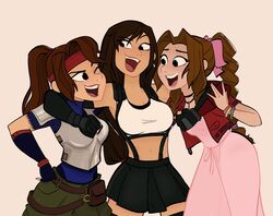  3girls aerith_gainsborough amber_leigh armor black_hair black_skirt bow bracelet braid braided_ponytail breastplate brown_hair crop_top cropped_jacket dress final_fantasy final_fantasy_vii final_fantasy_vii_remake fingerless_gloves flat_color gloves hairbow hand_on_own_hip headband highres jacket jessie_rasberry jewelry long_hair looking_at_another low-tied_long_hair midriff multiple_girls navel one_eye_closed open_mouth pink_dress ponytail red_headband red_jacket simple_background skirt smile stomach suspender_skirt suspenders tank_top tifa_lockhart white_tank_top 