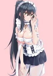  absurdres azur_lane bespectacled black_hair breasts choker cleavage female frilled_choker frills glasses green_eyes hair_between_eyes highres indomitable_(azur_lane) indomitable_(ms._motivationless_maid)_(azur_lane) large_breasts leaning_forward long_hair looking_at_viewer maid maid_headdress official_alternate_costume pantyhose pink_background simple_background skindentation solo toto_tony very_long_hair white_pantyhose 