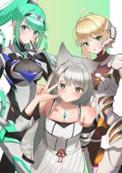  3girls absurdres animal_ears blonde_hair breasts camisole cat_ears chest_jewel eteko_(eteco30) fiora_(xenoblade) green_eyes green_hair grey_eyes grey_hair highres in-franchise_crossover mecha-fiora mio_(xenoblade) multiple_girls off_shoulder pneuma_(xenoblade) ponytail short_hair v xenoblade_chronicles_(series) xenoblade_chronicles_1 xenoblade_chronicles_2 xenoblade_chronicles_3 