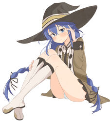  absurdres black_hat black_ribbon blue_eyes blue_hair blush boots braid brown_cloak cloak closed_mouth female flat_chest full_body hair_between_eyes hair_ribbon hand_in_own_hair hand_on_own_leg hat highres knee_boots knees_up large_hat long_hair mushoku_tensei panties pantyshot ribbon root_(1732050807point) roxy_migurdia simple_background sitting smile solo twin_braids underwear very_long_hair white_background white_footwear white_panties witch_hat 