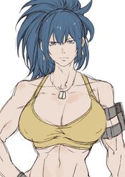  arm_pouch biceps blue_eyes blue_hair breasts commentary_request crop_top dog_tags earrings female jewelry large_breasts leona_heidern long_hair looking_at_viewer muscular muscular_female ponytail soldier tank_top the_king_of_fighters triangle_earrings yasunososaku yellow_tank_top 