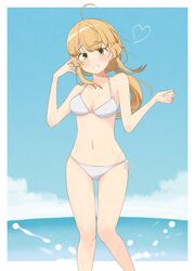  absurdres ahoge armpits bikini blonde_hair blush breasts eyebrows_hidden_by_hair feet_out_of_frame female green_eyes hair_between_eyes hair_tie heart highres large_breasts long_hair looking_at_viewer mushoku_tensei navel norn_greyrat ocean open_mouth playing_with_own_hair ponytail root_(1732050807point) smile solo splashing stomach swimsuit teeth thigh_gap white_bikini 