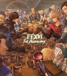  6+boys 6+girls anniversary armor beard black_hair blush byron_rosfield charon_(ff16) cidolfus_telamon clive_rosfield copyright_name dion_lesage dress facial_hair final_fantasy final_fantasy_xvi gav_(ff16) goetz_(ff16) headband jill_warrick joshua_rosfield jote_(ff16) midadol_telamon moogle multiple_boys multiple_girls pov sasanomesi smile table tankard terrence_(ff16) torgal_(ff16) 