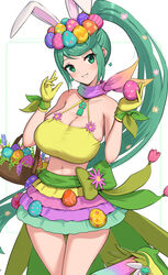  absurdres animal_ears basket bow bra breasts cleavage collarbone cowboy_shot crop_top crossed_legs earrings easter easter_egg egg egg_hair_ornament fake_animal_ears female flower food-themed_hair_ornament gloves gonzarez gradient_scarf green_bow green_eyes green_footwear green_hair green_scarf green_skirt grin hair_flower hair_ornament head_tilt highres holding holding_basket holding_egg jewelry large_breasts long_hair looking_at_viewer midriff miniskirt multicolored_clothes multicolored_scarf multicolored_skirt navel pink_flower pink_skirt pneuma_(xenoblade) ponytail purple_scarf purple_skirt rabbit_ears scarf shoes simple_background skirt smile solo underwear very_long_hair white_background xenoblade_chronicles_(series) xenoblade_chronicles_2 yellow_bra yellow_gloves yellow_skirt 