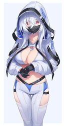  absurdres bangs barcode bikini bikini_top black_gloves breasts cleavage crossed_bangs eyebrows_visible_through_hair female gloves highres hood hooded_jacket jacket large_breasts light_blue_background looking_at_viewer mask mouth_mask navel original pants pink_eyes side_slit sidelocks skindentation solo star741 swimsuit thighhighs two-tone_background white_background white_bikini white_hair 