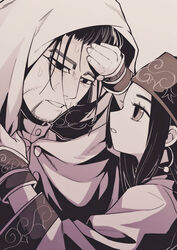  1boy absurdres ainu ainu_clothes arm_up asirpa bandana cape collared_jacket commentary couple da_ning_(llemonyyyy) ear_piercing earrings facial_hair female fever golden_kamuy hair_slicked_back hair_strand hand_on_another&#039;s_face hand_up highres hood hood_up hooded_cape hoop_earrings imperial_japanese_army jacket jewelry long_hair long_sleeves looking_at_another looking_down military military_uniform monochrome ogata_hyakunosuke parted_lips piercing scar scar_on_cheek scar_on_face short_hair sidelocks simple_background straight stubble sweat uniform upper_body wide_sleeves 