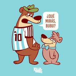  1:1 2023 anthro argentina bear biped black_nose blue_background boo-boo_bear bottomless bow_tie brown_body brown_fur clothed clothing dialogue duo full-length_portrait fur half-closed_eyes hanna-barbera hat headgear headwear hi_res killer_quake looking_at_another male mammal narrowed_eyes portrait shirt simple_background size_difference soccer_uniform spanish_text speech_bubble sportswear standing text topwear uniform yogi_bear yogi_bear_(character) 