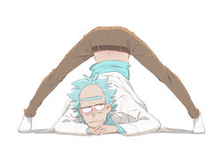  1boy arched_back arm_rest bad_id bad_pixiv_id flexible full_body hands_on_ground highres jack-o&#039;_challenge lab_coat legs_apart looking_at_viewer meme messy_hair pose ravencrow rick_and_morty rick_sanchez short_hair simple_background solo spiked_hair spread_legs stretching top-down_bottom-up unibrow white_background white_hair wide_spread_legs 