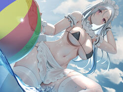  apron ball beachball bikini black_bikini blue_sky blush breasts closed_mouth cloud cloudy_sky collar collarbone day detached_collar dutch_angle eyelashes female frilled_apron frilled_bikini frilled_collar frills groin hair_between_eyes hand_to_head hand_up highres long_hair looking_at_viewer maid maid_apron maid_bikini maid_headdress micro_bikini navel oekakizuki original outdoors partially_submerged side-tie_bikini_bottom skindentation sky solo strap_gap string_bikini swimsuit thighhighs unconventional_maid underboob very_long_hair waist_apron water white_apron white_thighhighs wrist_cuffs 