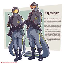  2022 ambiguous_gender anthro boots clothed clothing colored darbaras duo english_text footwear gloves gun handwear hat headgear headwear hi_res holding_gun holding_object holding_ranged_weapon holding_weapon lizard looking_at_another male patreon patreon_logo ranged_weapon reptile scalie security security_guard shotgun spas-12 text url weapon 