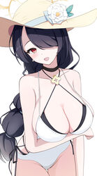  absurdres arm_under_breasts bikini black_bikini black_choker black_hair blue_archive blush braid braided_ponytail breasts casual_one-piece_swimsuit choker cleavage clothing_cutout collarbone commentary_request cowboy_shot criss-cross_halter double_bikini female flower hair_over_one_eye halo halterneck hat hat_flower highres hinata_(blue_archive) hinata_(swimsuit)_(blue_archive) large_breasts long_braid long_hair looking_ahead official_alternate_costume one-piece_swimsuit one_eye_covered open_mouth red_eyes side_cutout simple_background smile solo sun_hat swimsuit uaru white_background white_one-piece_swimsuit yellow_halo yellow_hat 