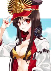  bad_id bad_pixiv_id bikini black_bikini black_hair black_hat blue_sky blush breasts cleavage closed_mouth collarbone crest family_crest fate/grand_order fate_(series) female hat headphones headphones_around_neck jacket kanon_(ikamiso) koha-ace large_breasts letterman_jacket long_hair long_sleeves looking_at_viewer oda_nobunaga_(fate) oda_nobunaga_(swimsuit_berserker)_(fate) oda_nobunaga_(swimsuit_berserker)_(first_ascension)_(fate) oda_nobunaga_(swimsuit_berserker)_(second_ascension)_(fate) oda_uri open_clothes open_jacket peaked_cap red_eyes red_nails sky smile solo swimsuit 