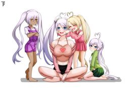  4girls absurdres ahoge alternate_costume azur_lane bad_feet bad_link bad_proportions bare_legs bare_shoulders barefoot blonde_hair blue_eyes breasts closed_mouth commission dark_skin detached_sleeves dress green_jacket green_skirt hair_between_eyes hair_over_eyes hands_on_another&#039;s_cheeks hands_on_another&#039;s_face heart heart_ahoge highres if_they_mated incredibly_absurdres indianapolis_(azur_lane) jacket large_breasts long_hair mother_and_daughter multiple_girls multiple_persona on_floor open_mouth orange_eyes pink_dress ponytail portland_(azur_lane) seiza side_ponytail sitting skirt toy_bits triplets twintails very_long_hair white_hair 