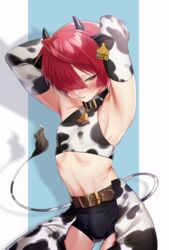  1boy 2021 ahoge animal_ears animal_print armpits arms_behind_back bell belt blush chaps chinese_zodiac collar cow_boy cow_ears cow_print cow_tail crossdressing ear_tag elbow_gloves fate/grand_order fate_(series) fuuma_kotarou_(fate) gloves hair_over_one_eye highres horns male_focus midriff navel neck_bell omiyacha red_eyes red_hair short_shorts shorts smile tail year_of_the_ox 