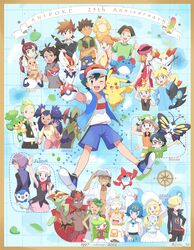  6+boys 6+girls ;d alolan_vulpix anniversary bangs baseball_cap beautifly blue_jacket blush bonnie_(pokemon) braixen brock_(pokemon) brown_eyes chloe_(pokemon) cilan_(pokemon) cinderace clemont_(pokemon) commentary_request croagunk dawn_(pokemon) eevee feathers gary_oak gladion_(pokemon) goh_(pokemon) green_hair hat haxorus highres holding holding_poke_ball holding_pokemon iris_(pokemon) jacket kasumi_(pokemon) kiawe_(pokemon) knees kukui_(pokemon) lana_(pokemon) lillie_(pokemon) looking_at_viewer luxray mallow_(pokemon) marill max_(pokemon) may_(pokemon) mei_(maysroom) multiple_boys multiple_girls one_eye_closed open_mouth pansage paul_(pokemon) pikachu piplup poke_ball poke_ball_(basic) pokemon pokemon_(anime) pokemon_(classic_anime) pokemon_(creature) pokemon_bw_(anime) pokemon_dppt_(anime) pokemon_rse_(anime) pokemon_sm_(anime) pokemon_swsh_(anime) pokemon_xy_(anime) primarina psyduck red_headwear rotom rotom_dex satoshi_(pokemon) serena_(pokemon) shirt shoes short_hair short_sleeves shorts sleeveless sleeveless_jacket smile sophocles_(pokemon) t-shirt teeth togedemaru tongue tracey_sketchit tsareena turtonator twitter_username umbreon upper_teeth white_shirt 