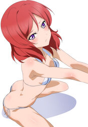  absurdres arms_up ass bad_id bad_pixiv_id bikini blush breasts butt_crack commentary cutie_panther female frown highres looking_at_viewer love_live! love_live!_school_idol_project nishikino_maki outstretched_arms purple_eyes red_hair shiny_skin short_hair shou937 side-tie_bikini_bottom simple_background sitting small_breasts solo swimsuit v-shaped_eyebrows white_background white_bikini 