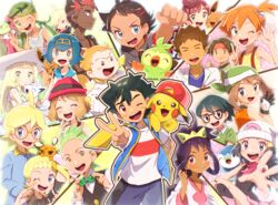  6+boys 6+girls :d ;d absurdres ahoge alolan_vulpix bandana bare_arms blonde_hair blue_eyes blue_hair blue_sailor_collar blush blush_stickers bonnie_(pokemon) bow bowtie braid brock_(pokemon) brother_and_sister brown_hair chitozen_(pri_zen) chloe_(pokemon) cilan_(pokemon) clemont_(pokemon) clenched_hand closed_eyes closed_mouth clothed_pokemon collarbone commentary_request dark-skinned_female dark-skinned_male dark_skin dawn_(pokemon) eevee eyelashes facing_viewer flower gladion_(pokemon) glasses gloves goh_(pokemon) green_bandana green_bow green_bowtie green_eyes green_hair green_headband grookey hair_flower hair_ornament hair_tie hairband hand_up hat headband highres holding holding_pokemon hood hoodie iris_(pokemon) jumpsuit kasumi_(pokemon) kiawe_(pokemon) lana_(pokemon) lillie_(pokemon) long_hair long_sleeves looking_at_viewer lower_teeth_only mallow_(pokemon) max_(pokemon) may_(pokemon) multiple_boys multiple_girls no_sclera one_eye_closed open_mouth orange_hair overalls pikachu pink_flower piplup pokemon pokemon_(anime) pokemon_(classic_anime) pokemon_(creature) pokemon_bw_(anime) pokemon_dppt_(anime) pokemon_journeys pokemon_rse_(anime) pokemon_sm_(anime) pokemon_xy_(anime) round_eyewear sailor_collar satoshi_(pokemon) scarf serena_(pokemon) shirt short_hair siblings side_ponytail sleeveless sleeveless_shirt smile sophocles_(pokemon) suspenders teeth togedemaru tongue tracey_sketchit traditional_bowtie tsareena twintails upper_teeth_only v vest white_gloves white_headwear white_shirt yellow_scarf yellow_shirt 