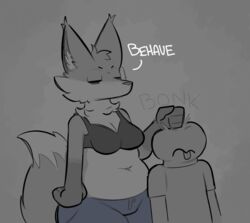  2022 anthro belly biped bonk_(meme) bonk_(sound_effect) bra breasts canid canine cleavage closed_eyes clothed clothing digital_media_(artwork) duo english_text female fox grey_background human low_detail_friend_(zzx) male mammal medium_breasts navel onomatopoeia punch simple_background slightly_chubby slightly_chubby_anthro slightly_chubby_female sound_effects text tongue tongue_out trisha_fox_(zzx) underwear zzx 