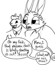  2016 black_and_white buckteeth calvin_lapin_(spiff) cheek_tuft clothing dialogue duo english_text exclamation_point eyebrows facial_tuft fan_character fur hair half-closed_eyes labjer lagomorph larger_male leporid male mammal monochrome narrowed_eyes open_mouth open_smile profanity question_mark rabbit raised_eyebrows rodent sciurid shirt simple_background size_difference smaller_male smile speech_bubble teeth text topwear traditional_media_(artwork) tree_squirrel tuft unimpressed white_background white_body white_clothing white_fur white_hair white_shirt white_topwear 