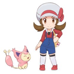  blue_overalls bow brown_eyes brown_hair cabbie_hat chibi commentary english_commentary female full_body greatm8 hand_on_own_hip hat hat_bow hat_ribbon highres looking_at_viewer low_twintails lyra_(pokemon) overalls photoshop_(medium) pokegear pokemon pokemon_(creature) pokemon_hgss red_bow red_footwear red_shirt ribbon shirt skitty smile socks standing straight-on transparent_background twintails white_headwear white_socks 