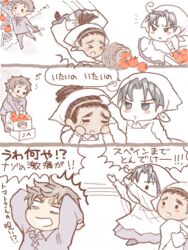  &gt;:( ._. :3 apron axis_powers_hetalia bandana chasing chibi comforting crying cuba_(hetalia) farming headpat kurosan lolicon southern_italy_(hetalia) spain_(hetalia) tomato tripping v-shaped_eyebrows younger 