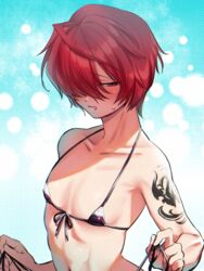  1boy ahoge bikini blush collarbone commentary_request crossdressing fate/grand_order fate_(series) fuuma_kotarou_(fate) hair_over_one_eye highres looking_at_viewer male_focus navel omiyacha otoko_no_ko red_eyes red_hair smile solo sweatdrop swimsuit tattoo 