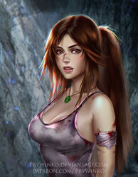  blood breasts brown_eyes brown_hair cleavage commentary english_commentary female freckles jewelry lara_croft lips long_hair looking_at_viewer medium_breasts necklace open_mouth parted_lips photoshop_(medium) prywinko solo strap_gap tank_top tomb_raider tomb_raider_(reboot) very_long_hair 