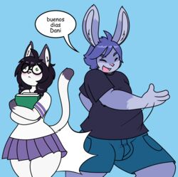  2017 anthro arthur_(lapinbeau) book bottomwear braided_hair buenos_dias_mandy bulge butt_slap clothed clothing comic_sans danica_(daniruu) daniruu dialogue dipstick_ears dipstick_tail domestic_cat domestic_rabbit duo ear_markings eyewear felid feline felis female flemish_giant fur glasses gloves_(marking) green_eyes hair hi_res humor lagomorph leporid male mammal markings meme multicolored_ears multicolored_tail nerd oryctolagus overweight overweight_male purple_body purple_fur purple_hair rabbit redraw school_uniform shirt shorts simple_background skirt slap spanish_text spanking t-shirt tail tail_markings tail_over_skirt text topwear translated uniform white_body white_fur wide_hips 