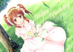  bare_shoulders bouquet brown_eyes brown_hair clover clover_hair_ornament commentary_request dated detached_sleeves dress earrings female flower four-leaf_clover grass green_ribbons hair_ornament hairband happy_birthday holding holding_bouquet idolmaster idolmaster_cinderella_girls jewelry leaf looking_at_viewer naoharu_(re_barna) necklace ogata_chieri parted_lips pink_dress ribbon smile solo tree twintails 