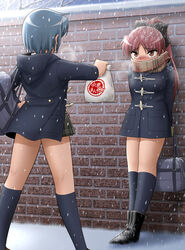  2girls against_wall alternate_costume arms_behind_back bag blue_hair blush boots brick_wall chinese_food coat commentary_request gloves hand_on_own_hip holding holding_bag hood hooded_jacket jacket long_hair looking_at_another mahou_shoujo_madoka_magica mahou_shoujo_madoka_magica_(anime) miki_sayaka multiple_girls pleated_skirt ponytail running_bond sakura_kyoko scarf scarf_over_mouth school_bag school_uniform shingyouji_tatsuya short_hair skirt snowing standing 