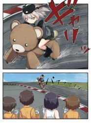  5girls animal bear beret black_hair brown_eyes brown_hair commentary_request drifting girls_und_panzer hat hoshino_(girls_und_panzer) kakizaki_(chou_neji) kiddie_ride long_hair military military_hat military_uniform multiple_girls nakajima_(girls_und_panzer) racing riding selection_university_military_uniform shimada_arisu short_hair skirt suzuki_(girls_und_panzer) tsuchiya_(girls_und_panzer) two_side_up uniform wheelie 