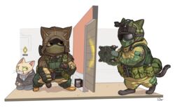  2017 alternate_species anthro armor backpack blue_byte_(game_developer) bodily_fluids booby_trap bound buckle camo clothing cross domestic_cat duct_tape explosives eyewear felid feline felis furrification fuze_(rainbow_six) gag gagged goggles gorka_suit group gun handgun headgear helmet hi_res holster hostage kapkan_(rainbow_six) laser male mammal mask military mine paint picture_frame pistol plant rainbow_six rainbow_six:_siege ranged_weapon rescue restrained russia satchel scared shurueder soldier spetsnaz sweat tape tape_gag tom_clancy&#039;s_(series) topwear trap_(contrivance) trio ubisoft vest walkie-talkie warrior weapon zip_tie 