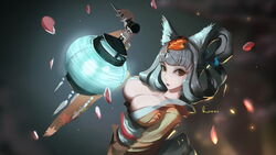  animal_ears breasts cleavage commentary female fox_ears grey_hair hair_rings japanese_clothes kimono kongiku lantern large_breasts leaf leaf_on_head looking_at_viewer obi oboro_muramasa orange_eyes sash solo vafar7 