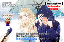  1boy 2girls anna_(frozen) bare_shoulders beepaint blonde_hair blue_eyes blush braid breasts commentary_request crossover dress elsa_(frozen) english_text frozen_(disney) hood hoodie jack_frost_(rise_of_the_guardians) jealous long_hair meme multiple_girls photoshop_(medium) power_connection rise_of_the_guardians shared_umbrella siblings sisters small_breasts smile snow special_feeling_(meme) straight twin_braids umbrella wavy_mouth white_hair 