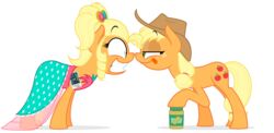  2014 absurd_res alpha_channel apple_jewel_(mlp) applejack_(mlp) aquamarine_(gem) arthropod blonde_hair changeling clothed clothing cowboy_hat cutie_mark dress duckface duo earth_pony equid equine eye_contact eyebrows eyelashes female feral fluffy fluffy_tail food freckles friendship_is_magic green_eyes grin hair half-closed_eyes hasbro hat headgear headwear hi_res hooves horse long_hair looking_at_another mammal my_little_pony narrowed_eyes orange_body peanut_butter photo pony queen_chrysalis_(mlp) red_tongue simple_background smile square_crossover standing tail teeth tongue tongue_out transparent_background zutheskunk 