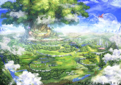  chrono_dragon city cliff cloud commentary_request dragon forest giant_tree landscape miyai_haruki moon mountain nature no_humans official_art outdoors photoshop_(medium) river scenery sky tree water yggdrasil 