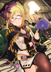  :3 badge black_cape black_gloves black_thighhighs book book_stack bookshelf bow bra bra_peek braid breasts button_badge cape chair cleavage commentary cowengium cross-laced_clothes crossed_legs crown_braid detached_collar dutch_angle earrings elbow_on_arm female glasses gloves gold_trim hair_ornament hair_rings hairpin half_gloves hat hat_bow highres holding holding_book id_card indoors jewelry lace lace-trimmed_bra lace-trimmed_legwear lace_trim lamp light_particles looking_at_viewer love_live! love_live!_school_idol_festival love_live!_sunshine!! miniskirt mortarboard name_tag ohara_mari panties pantyshot polka_dot polka_dot_bra purple-framed_eyewear purple_bra semi-rimless_eyewear side_slit sidelocks sitting skirt solo sparkle striped striped_bow tassel thighhighs under-rim_eyewear underwear yellow_eyes 