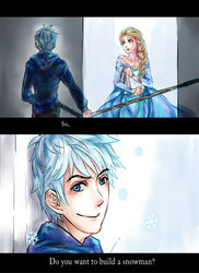  1boy blue_eyes braid braided_hair crossover elsa_(frozen) female frozen_(disney) highres jack_frost_(rise_of_the_guardians) rise_of_the_guardians smile staff white_hair 