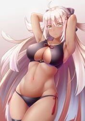  ahoge armpits arms_up bare_shoulders bikini black_bikini black_bow bow breasts cleavage cleavage_cutout clothing_cutout commentary_request cowboy_shot dark-skinned_female dark_skin fate/grand_order fate_(series) female gradient_background hair_between_eyes hair_ornament hairbow highres long_hair looking_at_viewer medium_breasts navel okita_souji_(fate) okita_souji_alter_(fate) solo swimsuit white_hair yellow_eyes yuunagi_(0217) 