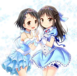  2girls :d black_eyes black_hair brown_eyes brown_hair commentary_request dress gloves hair_ornament half_updo holding_hands idolmaster idolmaster_cinderella_girls interlocked_fingers long_hair multiple_girls naoharu_(re_barna) open_mouth photoshop_(medium) ribbon-trimmed_clothes ribbon_trim sasaki_chie short_hair smile tachibana_arisu tiara 