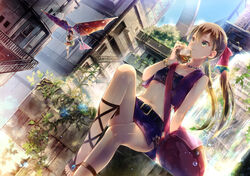  2girls :d absurdres amy_(suisei_no_gargantia) ankle_lace-up bag bandeau bangle belt bracelet brown_hair buckle building choker city cropped_vest cross-laced_footwear dutch_angle earrings eating flying food hair_between_eyes hair_ribbon hang_gliding highres jewelry knee_up ladder long_hair looking_afar melty_(suisei_no_gargantia) midriff miniskirt miyuki_ruria multiple_girls navel open_clothes open_mouth open_vest outdoors overgrown plant railing ribbon sandals sandwich short_sleeves shoulder_bag sitting skinny skirt smile source_request stairs suisei_no_gargantia sunlight twintails vest vines water_drop waving yellow_eyes 