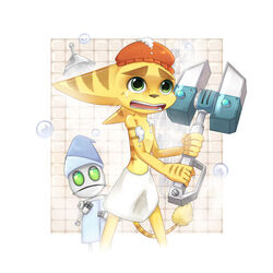  1:1 abemaru clank_(ratchet_and_clank) fur green_eyes lombax machine male mammal omniwrench ratchet_(ratchet_and_clank) ratchet_and_clank robot shower_cap soap sony_corporation sony_interactive_entertainment towel yellow_body yellow_fur 