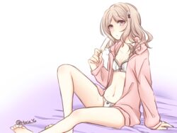  bare_legs blonde_hair bra curly_hair diabolik_lovers female flower hair_ornament hairpin hood hoodie icecream komori_yui lingerie namisuzu navel open_hoodie panties petite pink_eyes simple_background sitting solo sweat twitter_username underwear white_background white_bra white_panties 