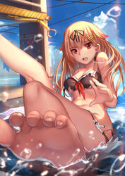  1boy :o admiral_(kancolle) barefoot bikini black_bikini black_ribbon blonde_hair blue_sky breasts cable chinese_commentary cloud commentary_request crane_(machine) day feet female foot_focus foreshortening giant giantess hair_flaps hair_ornament hair_ribbon hairclip hanging_on hat highres kantai_collection leg_up long_hair looking_at_viewer medium_breasts military military_uniform musyne_xsk naval_uniform oerba_yun_fang open_mouth outdoors peaked_cap photoshop_(medium) red_eyes ribbon sailor_bikini sailor_collar sitting size_difference sky soles solo_focus splashing sunlight swimsuit teeth toenails toes torn_bikini torn_clothes torn_swimsuit underboob uniform wardrobe_malfunction water water_drop yuudachi_(kancolle) yuudachi_kai_ni_(kancolle) yuudachi_kai_ni_(swimsuit)_(kancolle) 