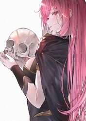  absurdres betabeet black_dress bracer breasts cape dress female from_behind hair_behind_ear highres holding holding_skull hololive hololive_english large_breasts long_hair looking_at_viewer looking_back mori_calliope mori_calliope_(1st_costume) no_headwear open_mouth pink_eyes pink_hair red_hair shoulder_spikes skull solo spikes very_long_hair virtual_youtuber 