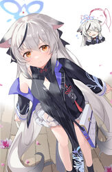  :t animal_ear_fluff animal_ears bag black_dress black_hair blue_archive breasts brown_eyes chibi chibi_inset commentary diamond_cutout doodle_sensei_(blue_archive) dress female flower grey_hair halo highres jacket kokona_(blue_archive) long_hair looking_at_viewer multicolored_hair pout sensei_(blue_archive) serika shoulder_bag small_breasts solo streaked_hair striped_clothes striped_dress white_background 