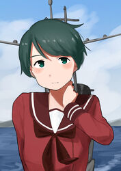  4me_4ma absurdres black_hair blue_sky blurry brown_neckerchief brown_sailor_collar brown_serafuku cloud commentary_request day depth_of_field female green_eyes hands_on_own_neck highres kantai_collection long_sleeves machinery mogami_(kancolle) neckerchief ocean outdoors sailor_collar school_uniform serafuku short_hair sky solo 